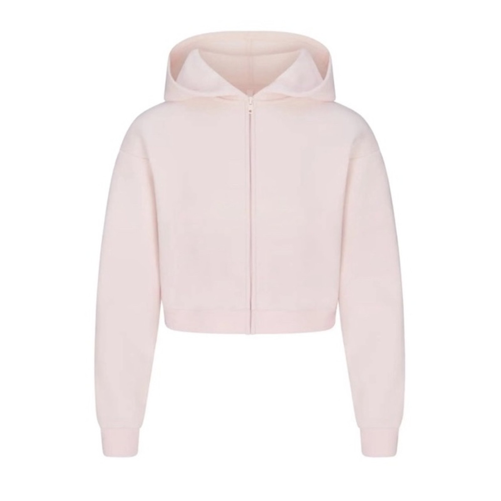 Skims ‘Barely Pink’ Shrunken Cropped Cotton Fleece Pullover Hoodie (0949)